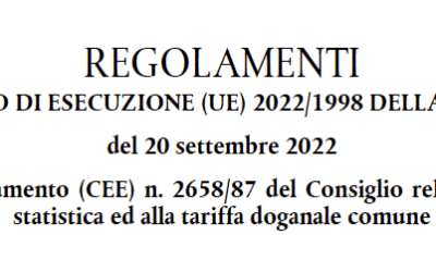 Aggiornamento dell’Allegato I del Reg. (CE) . 2658/1987 relativo alla c.d. “nomenclatura combinata”